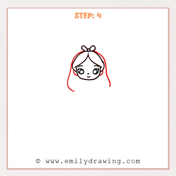 how to draw an alice in wonderland - Step 4: Long hair is outlined on both sides of Alice in Wonderland’s head.